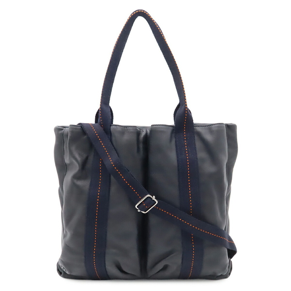 HERMES Caravan Vertical MM Tote Bag Shoulder Leather Dark Navy Orange